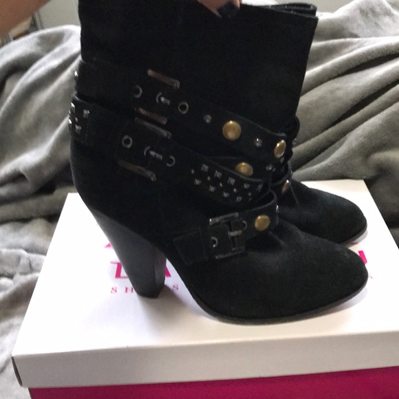 Black Suede Studded Buckled Booties - Picture 2 of 4